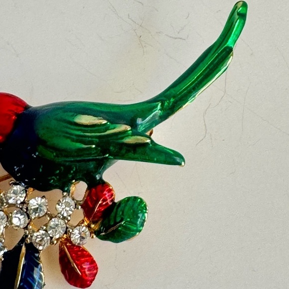 Vintage Enamel Rhinestone Bird Brooch Red Blue Green Festive Holiday Christmas - Picture 4 of 7